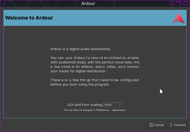 A screenshot of the “Welcome to Ardour” window, with somewhat off-kilter text.